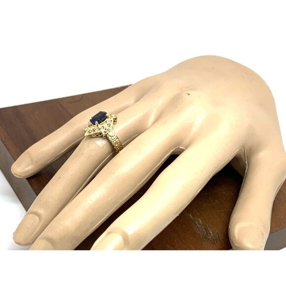 Blue Gemstone Diamond Cocktail Ring 14k Yellow Gold Estate Women's Size 7 - Picture 14 of 14